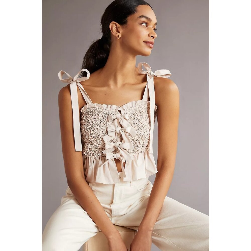 NWT Anthropologie En Saison Tie Detail Tank Womens M  Beige Coquette Boho Gift